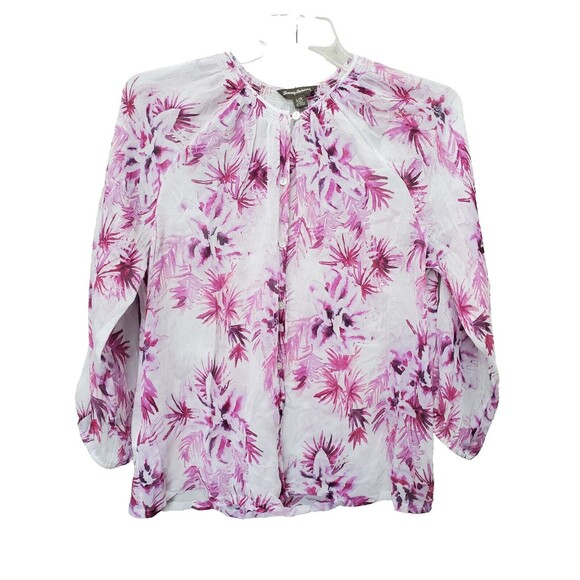 Tommy Bahama Floral Silk Crinkle Sheer Button-Up Peasant Top Sz L Lightweight - Picture 1 of 5